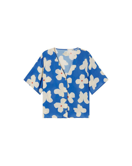 Blue blouse with butterfly Libelula flowers