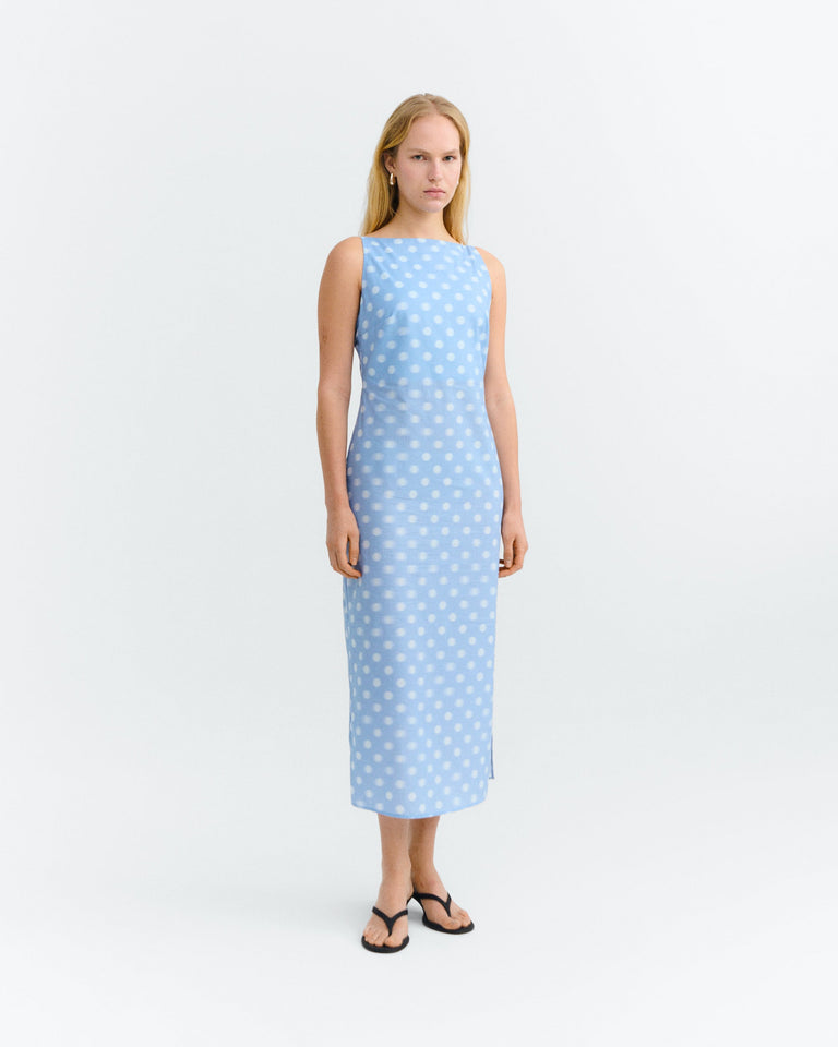 Vestido largo lunares azul Sunniva sostenible - 1