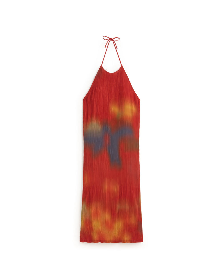 Vestido midi plisado rojo flowers Miriam sostenible silueta - 1